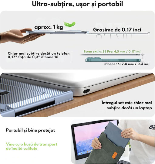 Monitor Portabil Extensibil Laptop Qova 14 Inch Extensie Ecran Dual Ips Full Hd 1920 × 1080 100% Srgb 300 Nits Ecran Mare 16:9 Extensor Ecran Compatibil Laptopuri 11.6–15.7” Pliabil Compatibil Ios Android Windows Mac