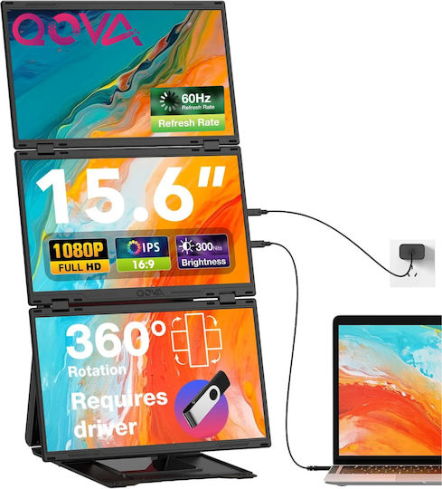 Monitor Portabil Triplu Extensibil Laptop Qova Quad Screen 3×15.6 Inch 3 Ecrane Full Hd Ips 1080p Suport Rotativ 360° Carcasă Integrată Extender Compatibil Windows Macos Conexiune Usb-c Hdmi Suport Reglabil
