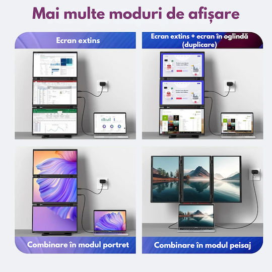Monitor Portabil Triplu Extensibil Laptop Qova Quad Screen 3×15.6 Inch 3 Ecrane Full Hd Ips 1080p Suport Rotativ 360° Carcasă Integrată Extender Compatibil Windows Macos Conexiune Usb-c Hdmi Suport Reglabil