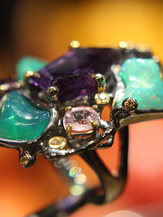 Artistic Silver Ring Amethyst Opals Garnet Size 14.5