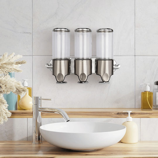 Dozator Triplu Pentru Săpun Șampon Balsam Instalare Fără Găurire Montat Pe Perete – Organizator Reîncărcabil 3 Sticle 450 Ml Oțel Inoxidabil Cârlige Duble Accesorii Baie – Dasbo