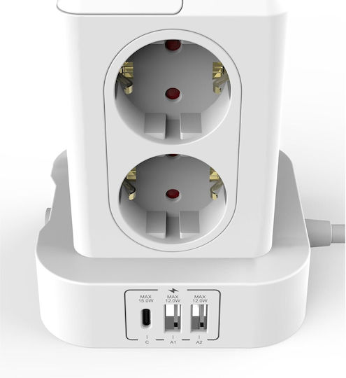 Захранваща лента Безопасност 8 Позиции с USB-A и Кабел 2м