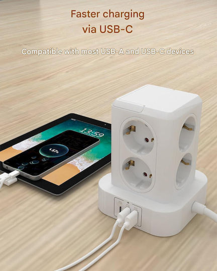 Захранваща лента Безопасност 8 Позиции с USB-A и Кабел 2м