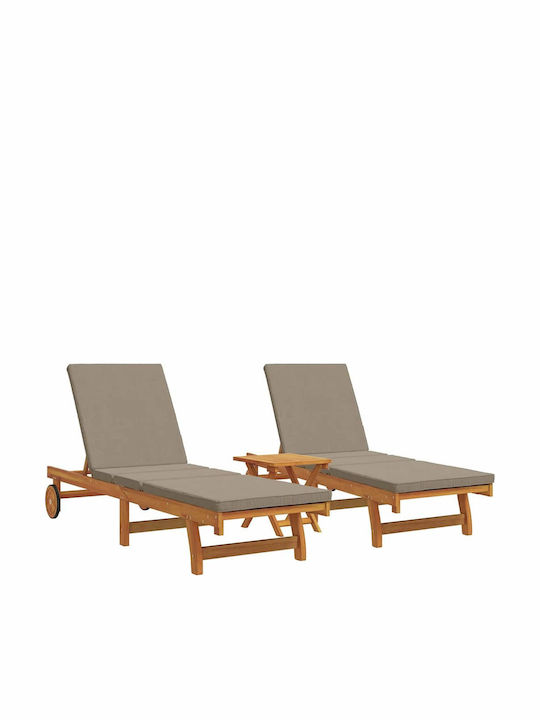 Deckchair Wooden with Cushion & Wheels Brown with Table 3pcs 63x199x85cm.