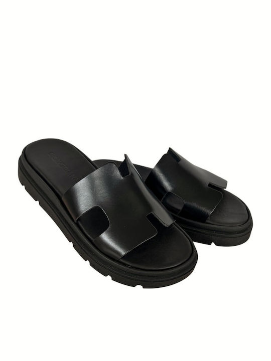 Leather Women's Flat Sandals Flatforms in Black Color