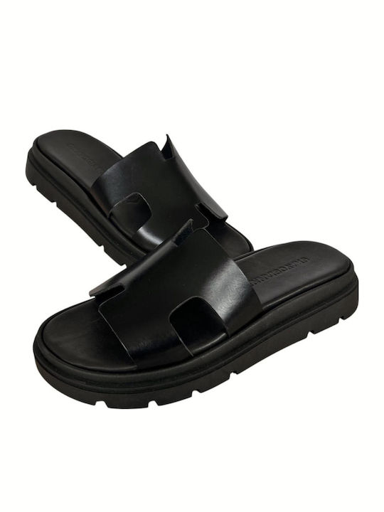 Leather Women's Flat Sandals Flatforms in Black Color