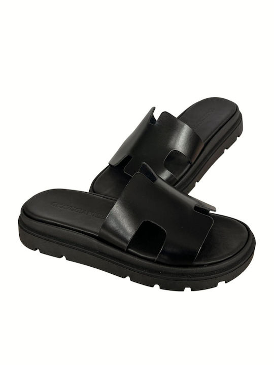 Leather Women's Flat Sandals Flatforms in Black Color