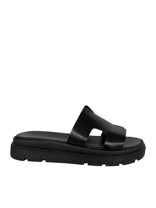Leather Women's Flat Sandals Flatforms in Black Color