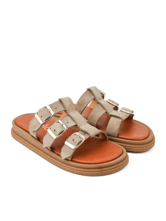 Beige Suede Flatforms Triple Adjustable Straps