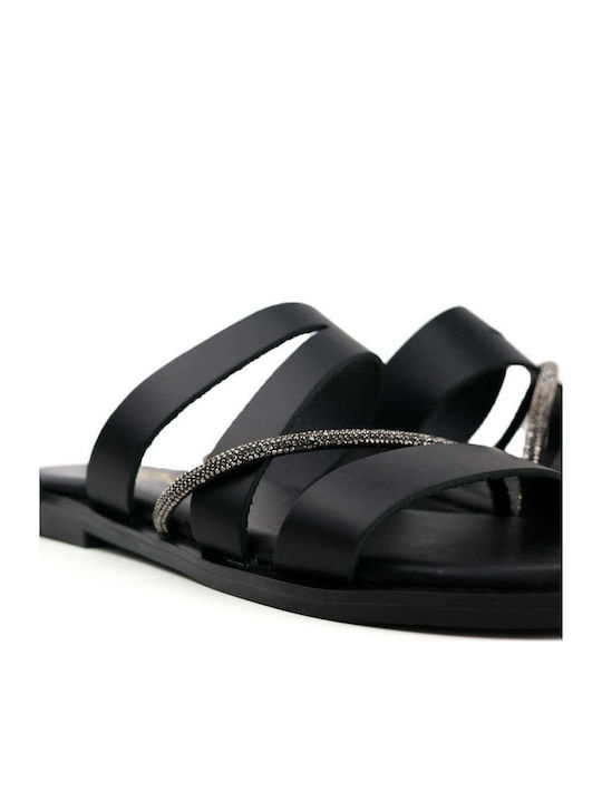 Black Slippers Wide Straps Rhinestone Strip