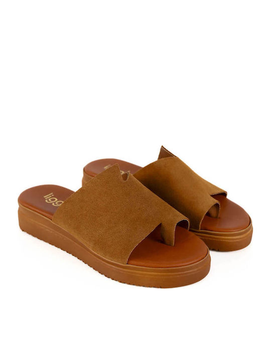 Tabac Brown Leather Flatform Sandals Suede Texture