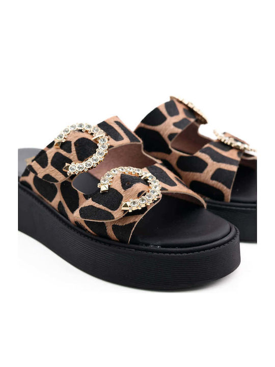 Beige Print Flatforms Double Adjustable Straps Rhinestones