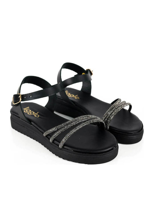 Μαύρα Δερμάτινα Flatforms Λεπτά Λουριά Στρας
