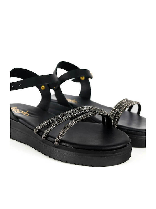 Μαύρα Δερμάτινα Flatforms Λεπτά Λουριά Στρας