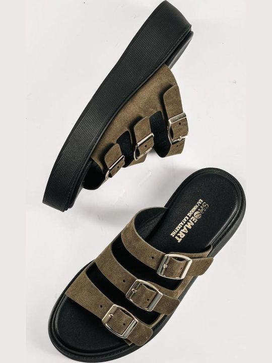 Leather Women's Flat Sandals Flatforms in Green Color
