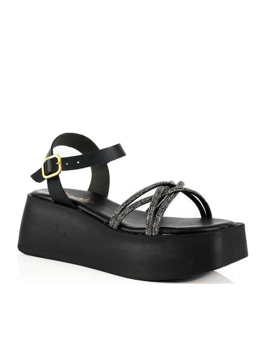 Μαύρα Flatforms Λεπτά Λουριά Strass
