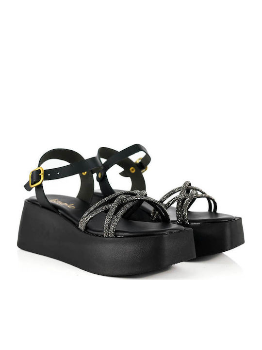 Μαύρα Flatforms Λεπτά Λουριά Strass