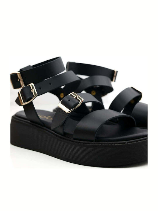Black Leather Flatforms With Triple Adjustable Straps