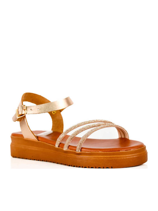 Flatforme Din Piele Bronz Cu Bretele Subțiri Ștrasuri