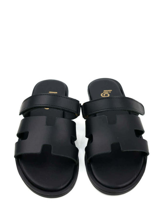 Black Leather Slippers With Adhesive Closure