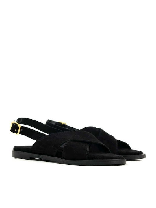 Schwarze Leder Crossover Flatforms Damen Sandalen