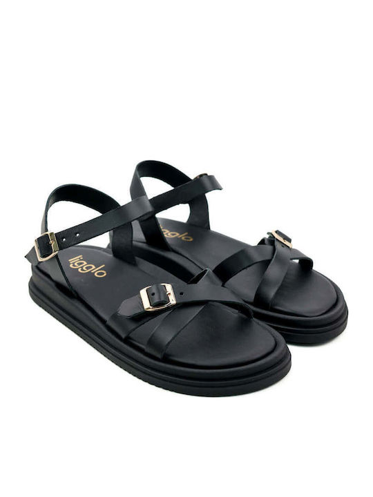 Schwarze Flatforms Lederne Knöchelriemen Aghrafes