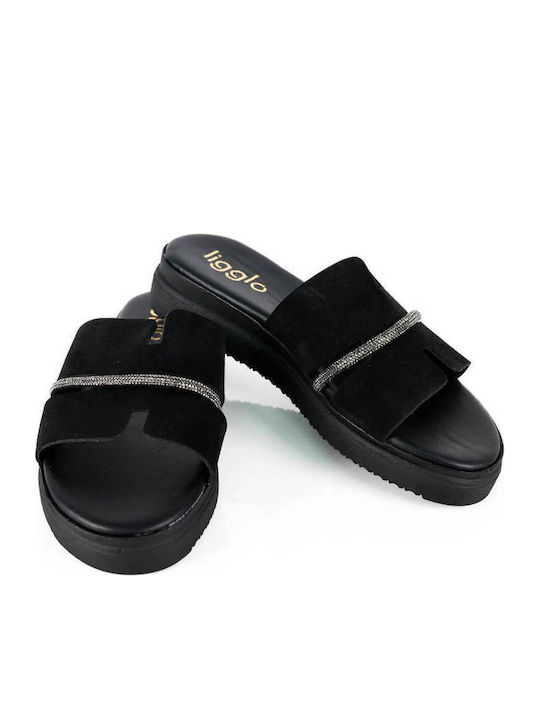 Schwarze Flatform Damen Sandalen mit Strass-Detail