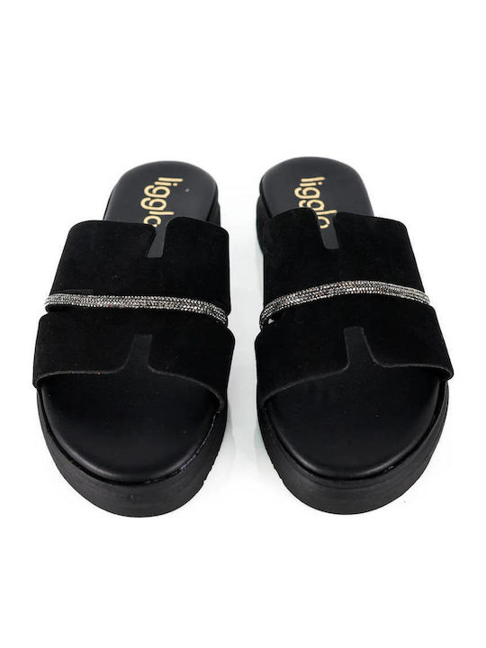 Schwarze Flatform Damen Sandalen mit Strass-Detail
