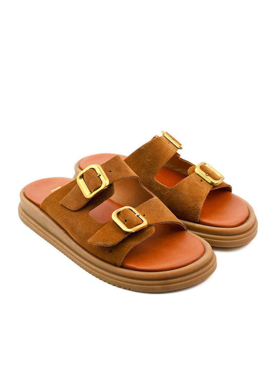 Tabac Brown Flatforms Double Straps With Metal Buckles