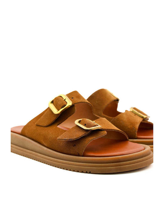 Tabac Brown Flatforms Double Straps With Metal Buckles