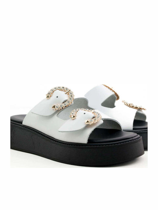 Weiß Flatforms Doppelte Verstellbare Riemen Strass
