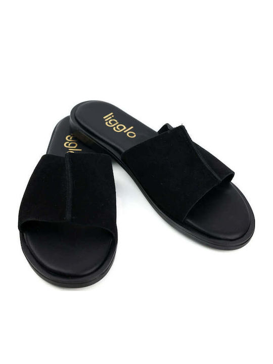 Black Leather Wide Slip-On Sandals With Single Strap