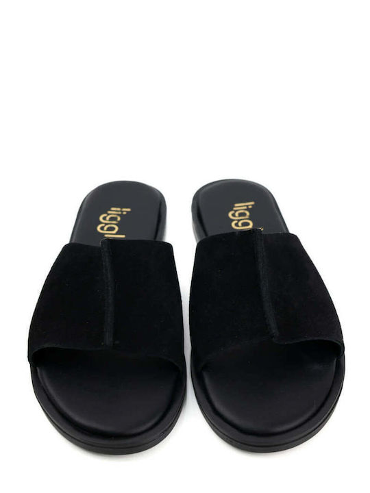 Black Leather Wide Slip-On Sandals With Single Strap