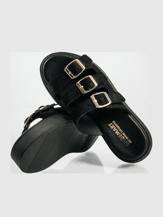 Leather Women's Flat Sandals Flatforms in Black Color