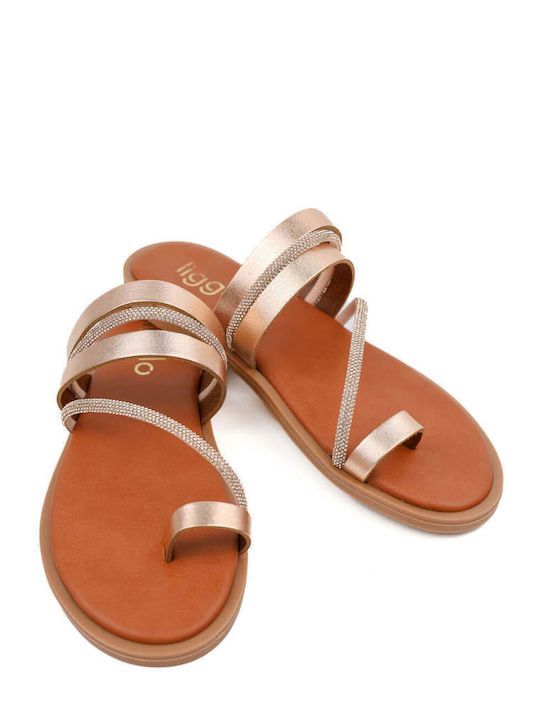 Ligglo Μπρονζέ Flache Sandalen für Damen Δέρμα Στρας