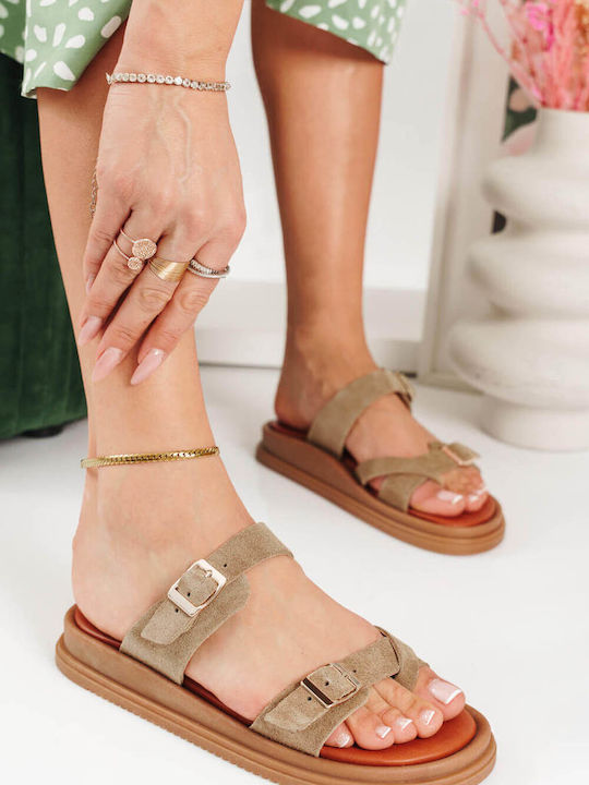 Beige Flatform Sandals Double Adjustable Straps