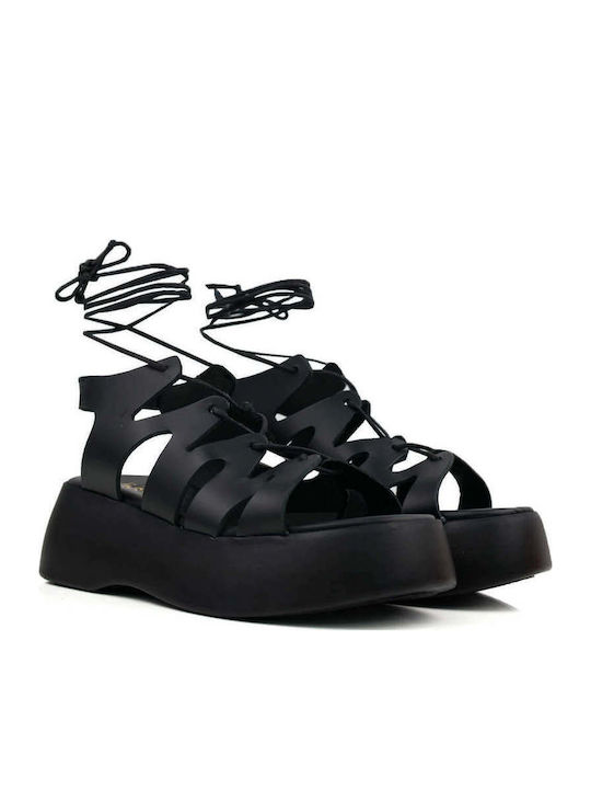 Μαύρα Lace Up Flatforms Δέσιμο Αστραγάλου