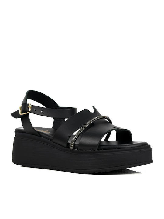 Μαύρα Flatforms Σταυρωτά Λουριά Στρας Λεπτομέρεια
