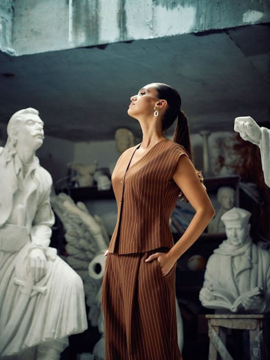 Femei Brown Set cu Talie înaltă Pantaloni cu Croială Dreaptă Cu dungi