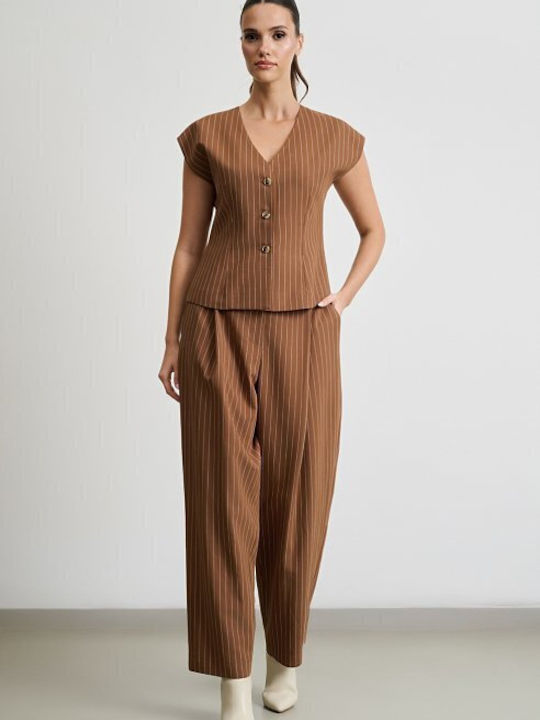 Femei Brown Set cu Talie înaltă Pantaloni cu Croială Dreaptă Cu dungi