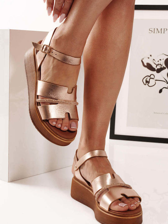 Μπρονζέ Flatforms Σταυρωτά Λουριά Στρας Λεπτομέρεια