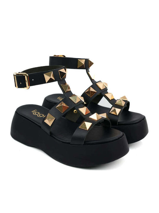 Platforme Dama Negre Flatforms Cu Elemente Metalice Aurii