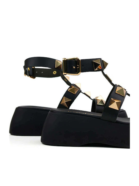 Platforme Dama Negre Flatforms Cu Elemente Metalice Aurii