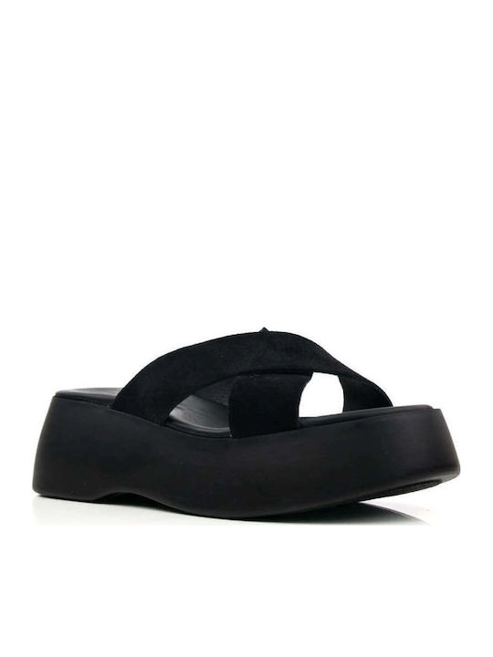 Черни Кожени Flatform Чехли С Кръстосани Каишки