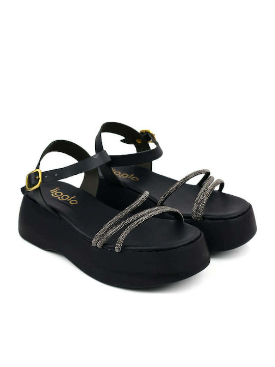Черни Flatforms С Кристали Каишки Повдигната Подметка