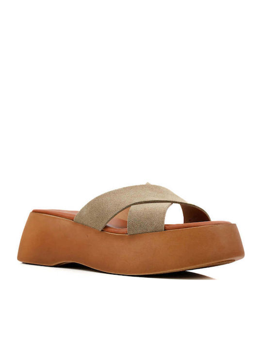 Beige Leather Flatform Slippers Cross Straps
