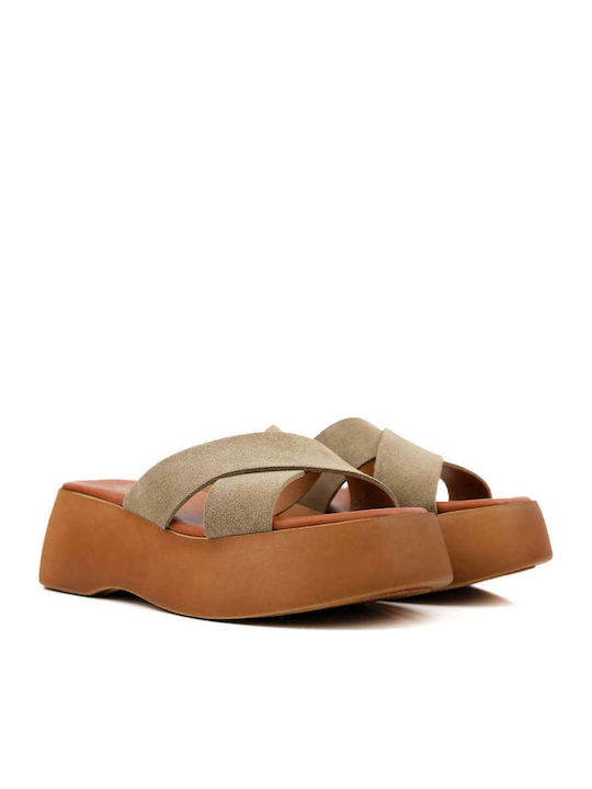 Beige Leather Flatform Slippers Cross Straps
