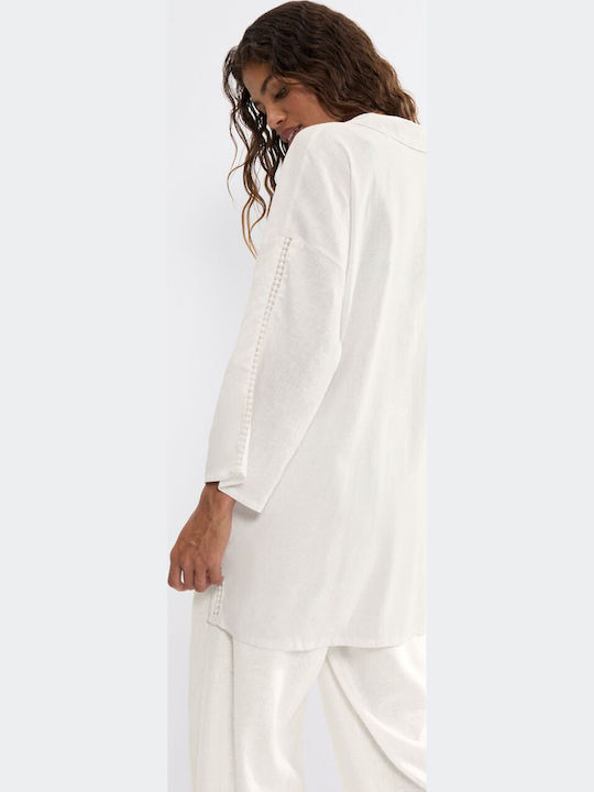 Summer Wear Boyfriend Μακρυμάνικο Γυναικείο Λινό Πουκάμισο Κρεμ