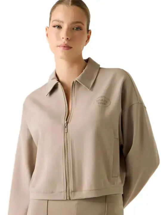 Short Women's Beige Zip-Up Cardigan
