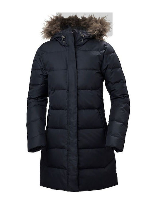 Aden Lang Damen Puffer Jacke mit pelziger Kapuze für Winter Marineblau